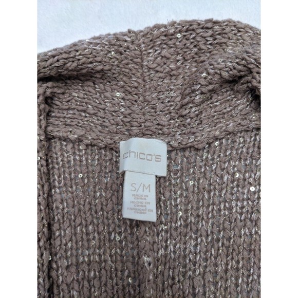 Chicos Womens Sweater Beige Sparkle Cardigan Open Front Short Sleeve Size S / M - Picture 2 of 10